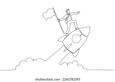 Cartoon of businessman holding number one flag standing on flying rocket. One continuous line art style