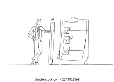 Cartoon of businessman holding pencil at questionnaire checklist with tick marks concept task objective. One line style art