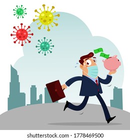 Cartoon of Businessman holding Piggy bank and Running Away for Virus - Vector isolated Illustration