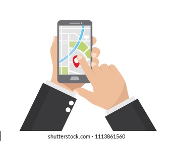 Cartoon , Businessman holding smartphone and touching screen with app map gps navigation., vector eps10