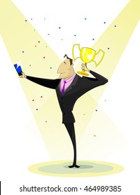 Cartoon businessman holding trophy cup and make . Success concept illustration. Vector
