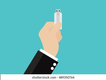 Cartoon, Businessman holding usb flash drive., vector eps10