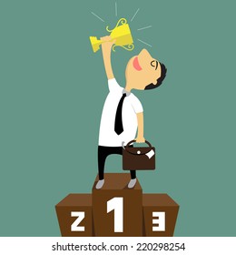 Cartoon businessman holding winning trophy on podium, success and happy concept, vector illustration.