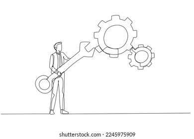 Cartoon of businessman holding wrench to adjust gear cogwheels setting concept of adjustment. One line art style