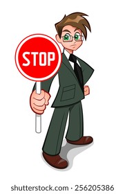 Cartoon businessman holds red stop sign.