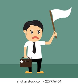 Cartoon businessman holds white flag of surrender, vecter illustration.
