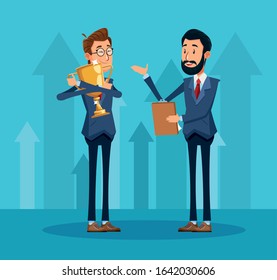 cartoon businessman hugging a trophy and businessman standing over blue background, colorful design, vector illustration