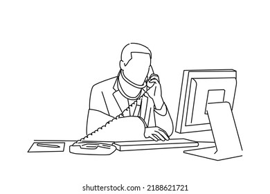 Cartoon of businessman with injuries talking on the phone whilst trying to work on his computer. line art style
