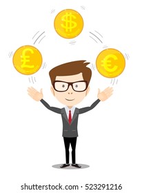 Cartoon businessman juggling with gold coins with different currency symbols. Vector illustration on business dealing with foreign exchange concept