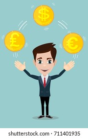 Cartoon businessman juggling with gold coins with different currency symbols. Vector illustration on business dealing with foreign exchange concept