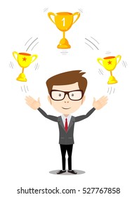 Cartoon businessman juggling with gold trophy goblet ,he celebrates his victory