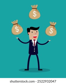 Cartoon businessman juggling three sacks with dollar signs. Vector illustration on financial and money management concept isolated on green background.