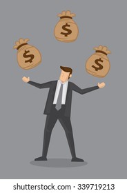 Cartoon businessman juggling three sacks with dollar signs. Vector illustration on financial and money management concept isolated on grey background. 
