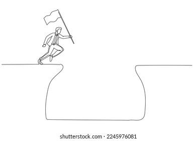 Cartoon of businessman jump over cliff gap to achieve business target concept of determination. One continuous line art style