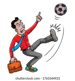 Cartoon the businessman kicked the soccer ball