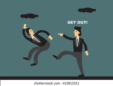 Cartoon businessman kicking the butt of employee and shouts Get Out. Vector illustration on job termination concept.
