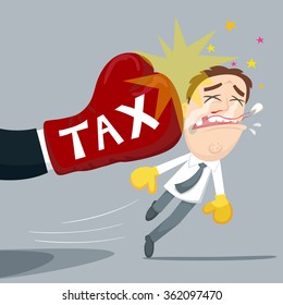 cartoon Businessman knock out by tax big gloves, vector, illustration  