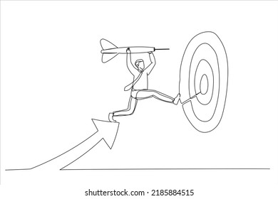 Cartoon Of Businessman Leader Holding Dart Running From Rising Graph Arrow And Jump To Bullseye Target. Business Target Achievement. Single Continuous Line Art Style
