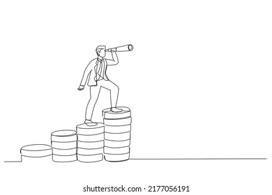 Cartoon of businessman leader on raising money stack using telescope or spyglass looking forward for business opportunity. Economic forecast concept. Continuous line art style
