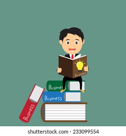 cartoon businessman learn and reading a book while sitting on the stack of colorful books, business concept. get the idea. businessman studying. vector illustration.