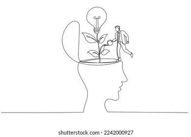 Cartoon of businessman with lightbulb idea in his hand try to make money. One continuous line art style
