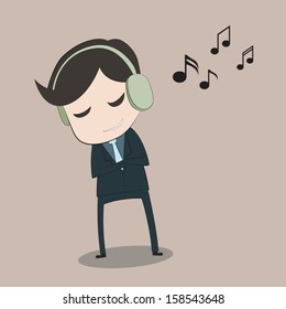 Cartoon businessman listening to his headphones with closed eyes,Illustration vector.
