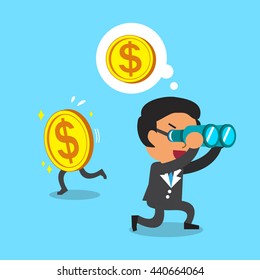 Cartoon businessman look for money in wrong direction