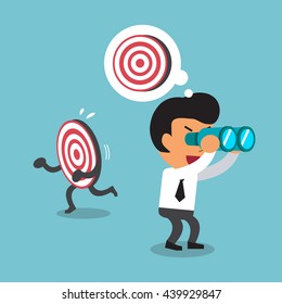 Cartoon businessman look for target in wrong direction
