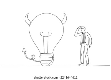 Cartoon of businessman looking at devil lightbulb doubting it bad idea. Stupid mistake or poor idea. One line art style
