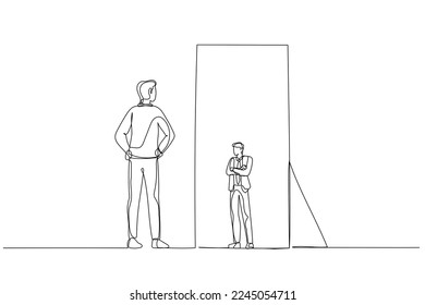 Cartoon of businessman looking at the mirror seeing timid mini version of self. One line art style