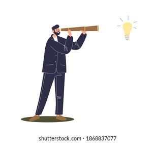 Cartoon businessman looking through spyglass on light bulb, new idea symbol. Business man looking for new startup and inspiration concept. Flat vector illustration