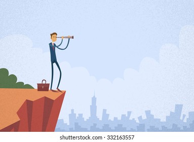 Cartoon Businessman Looking Through Telescope Standing on Top Mountain Cliff Flat Vector Illustration