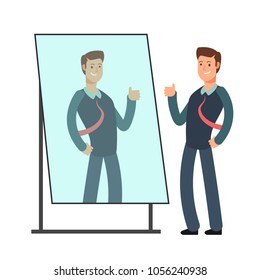 Cartoon businessman loves to look at his reflection in mirror. Egoistic person vector consept. Businessman in mirror reflection, egoistic and attractive confidence illustration