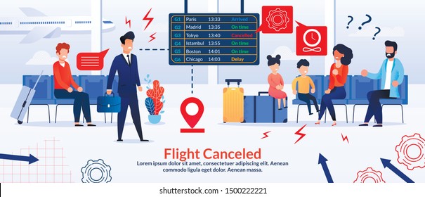 Cartoon Businessman or Manager, Passengers Characters at Airport Angry over Flight Cancellation Poster. Passage Delayed, Postponed, Canceled. Upset, Disappointed People. Vector Flat Illustration