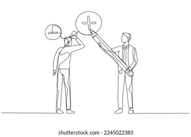 Cartoon of businessman manager using pencil to draw positive sign on employee negative thought concept of attitude. One line art style