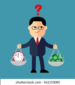 Cartoon businessman, the manager with weights in his hands is to choose time
 or money. Question marks over the head man in a business suit.