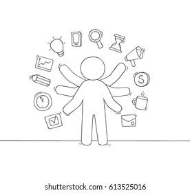 Cartoon businessman with many hands. Doodle cute scene about multitasking and workload. Hand drawn vector illustration for business design.