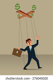 cartoon businessman marionette on ropes controlled, vector