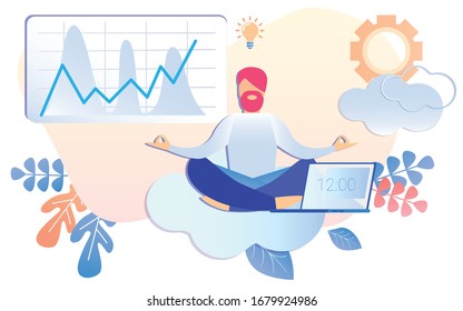 Empresario de caricaturas meditando en la ilustración del vector de trabajo. Hombre en Lotus Position. Curso de meditación de práctica de yoga al mediodía. Concentrado mental Idea Creativa. Aumento De La Productividad Crecimiento Gráfico De Los Ingresos