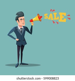 Cartoon Businessman with Megaphone Promoting Sale. Big Discount. Vector illustration