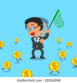Cartoon businessman and money coins