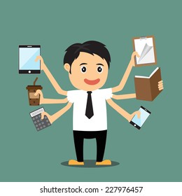 Cartoon businessman with multi tasking and multi skill, vector illustration.