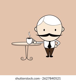 Cartoon businessman with mustache relaxing with a hot coffee cup at table