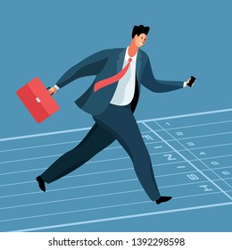 Cartoon businessman, office worker or banker running to the finish line with smartphone and briefcase. Vector illustration