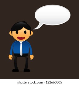 Cartoon businessman office worker with a dialog bubble, business advertisement marketing concept, vector illustration