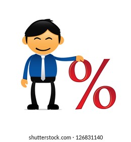 Cartoon businessman office worker holding a discount sign, sale offer promotion, vector illustration