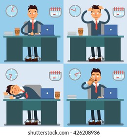 Cartoon Businessman Office Working Day. Man with Laptop. Vector illustration