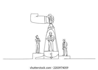 Cartoon of businessman on podium, one among them being flash lighted by big hand from top using flashlight. Single continuous line art style
