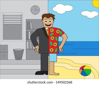 Cartoon businessman on vacation half of the sea, the other half in the office