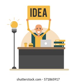 Cartoon businessman on a workplace holding a tablet with the inscription. The Manager came up with a new idea. Vector illustration isolated on white background.
